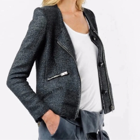 IRO Julienne zip jacket metallic tweed boucle dark gray black wool blend Size 0 - Picture 2 of 9
